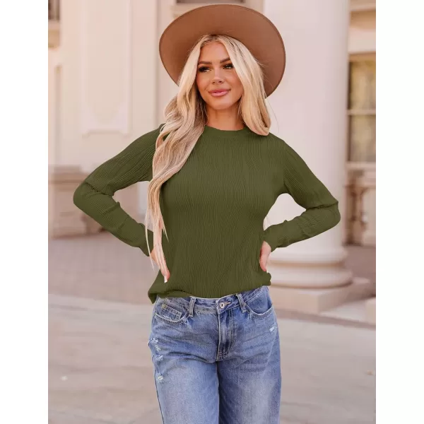 ZESICA Long Sleeve Shirts for Women Tops Fall Fashion 2024 Trendy Slim fit Textured TshirtsArmygreen