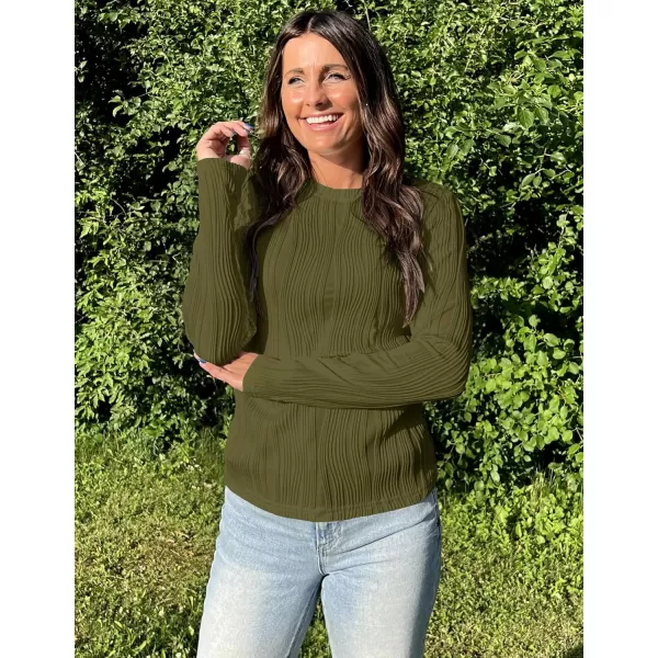 ZESICA Long Sleeve Shirts for Women Tops Fall Fashion 2024 Trendy Slim fit Textured TshirtsArmygreen