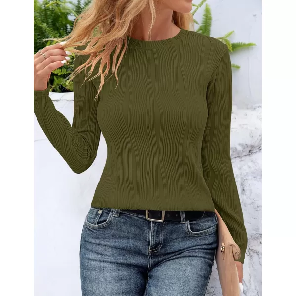 ZESICA Long Sleeve Shirts for Women Tops Fall Fashion 2024 Trendy Slim fit Textured TshirtsArmygreen