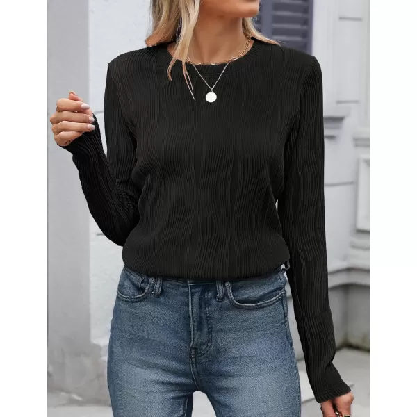 ZESICA Long Sleeve Shirts for Women Tops Fall Fashion 2024 Trendy Slim fit Textured TshirtsBlack