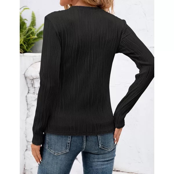 ZESICA Long Sleeve Shirts for Women Tops Fall Fashion 2024 Trendy Slim fit Textured TshirtsBlack