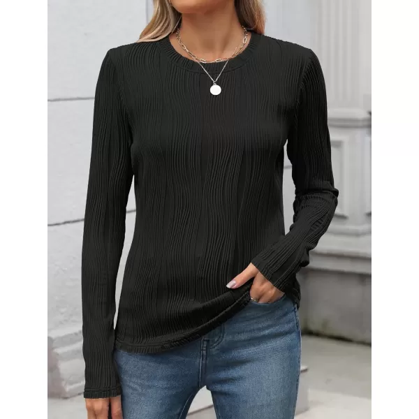 ZESICA Long Sleeve Shirts for Women Tops Fall Fashion 2024 Trendy Slim fit Textured TshirtsBlack