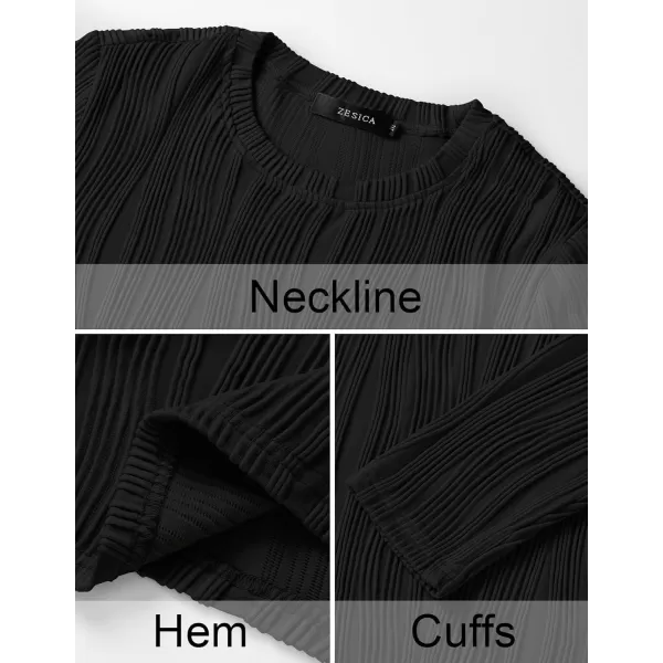ZESICA Long Sleeve Shirts for Women Tops Fall Fashion 2024 Trendy Slim fit Textured TshirtsBlack