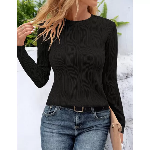 ZESICA Long Sleeve Shirts for Women Tops Fall Fashion 2024 Trendy Slim fit Textured TshirtsBlack