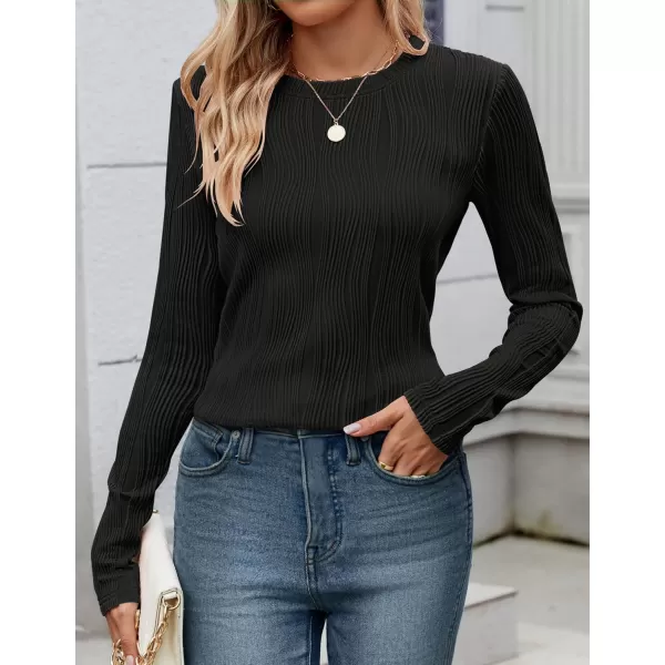 ZESICA Long Sleeve Shirts for Women Tops Fall Fashion 2024 Trendy Slim fit Textured TshirtsBlack