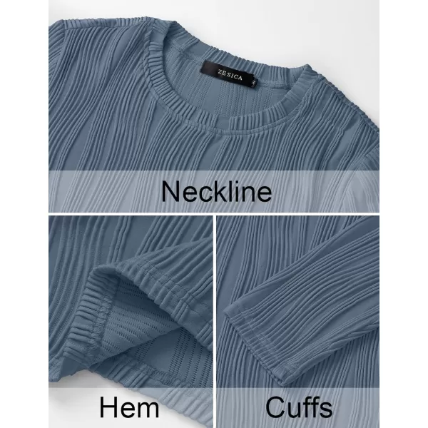 ZESICA Long Sleeve Shirts for Women Tops Fall Fashion 2024 Trendy Slim fit Textured TshirtsBlue