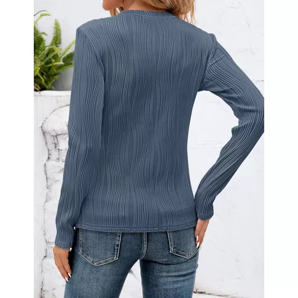 ZESICA Long Sleeve Shirts for Women Tops Fall Fashion 2024 Trendy Slim fit Textured TshirtsBlue