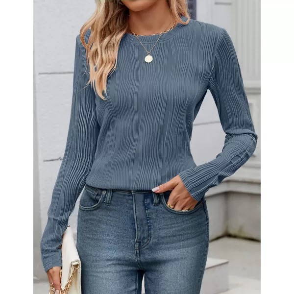 ZESICA Long Sleeve Shirts for Women Tops Fall Fashion 2024 Trendy Slim fit Textured TshirtsBlue