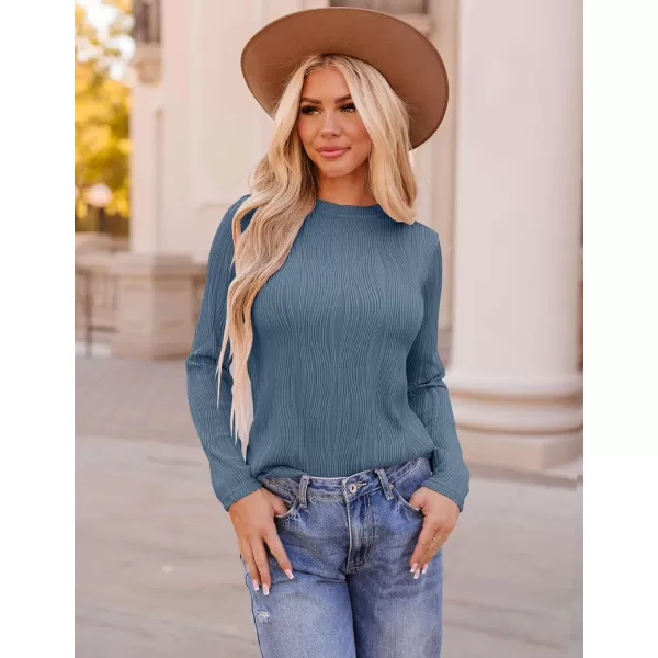 ZESICA Long Sleeve Shirts for Women Tops Fall Fashion 2024 Trendy Slim fit Textured TshirtsBlue