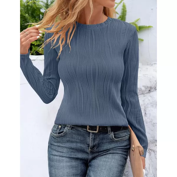 ZESICA Long Sleeve Shirts for Women Tops Fall Fashion 2024 Trendy Slim fit Textured TshirtsBlue