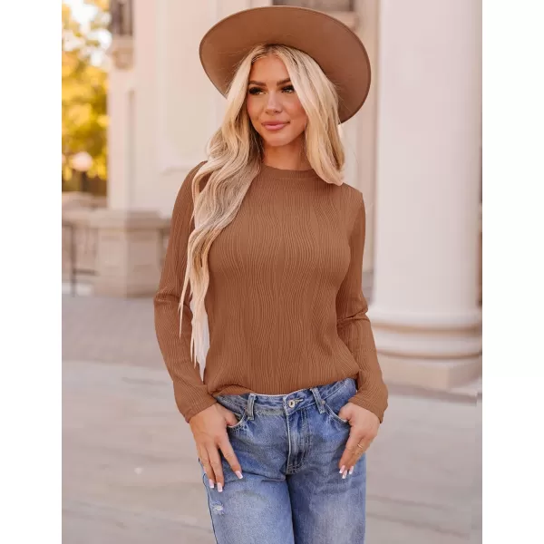 ZESICA Long Sleeve Shirts for Women Tops Fall Fashion 2024 Trendy Slim fit Textured TshirtsBrown
