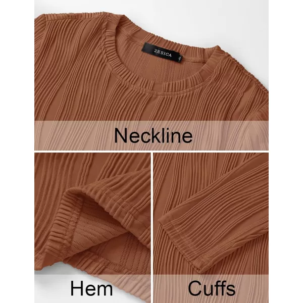 ZESICA Long Sleeve Shirts for Women Tops Fall Fashion 2024 Trendy Slim fit Textured TshirtsBrown