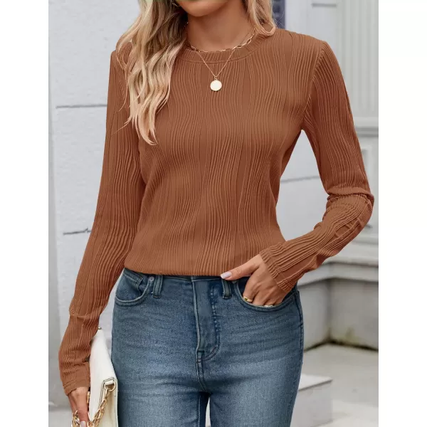 ZESICA Long Sleeve Shirts for Women Tops Fall Fashion 2024 Trendy Slim fit Textured TshirtsBrown
