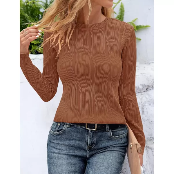 ZESICA Long Sleeve Shirts for Women Tops Fall Fashion 2024 Trendy Slim fit Textured TshirtsBrown