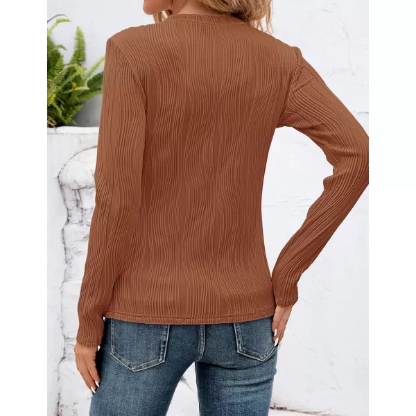 ZESICA Long Sleeve Shirts for Women Tops Fall Fashion 2024 Trendy Slim fit Textured TshirtsBrown