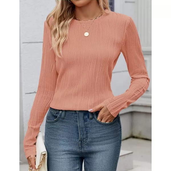 ZESICA Long Sleeve Shirts for Women Tops Fall Fashion 2024 Trendy Slim fit Textured TshirtsCoralred