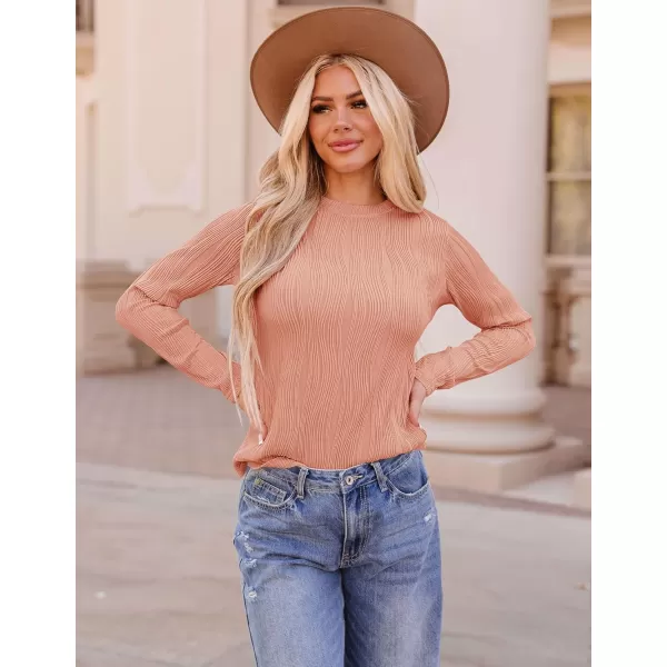 ZESICA Long Sleeve Shirts for Women Tops Fall Fashion 2024 Trendy Slim fit Textured TshirtsCoralred