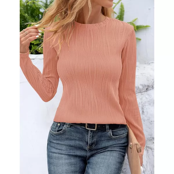 ZESICA Long Sleeve Shirts for Women Tops Fall Fashion 2024 Trendy Slim fit Textured TshirtsCoralred
