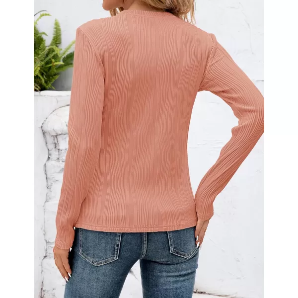 ZESICA Long Sleeve Shirts for Women Tops Fall Fashion 2024 Trendy Slim fit Textured TshirtsCoralred