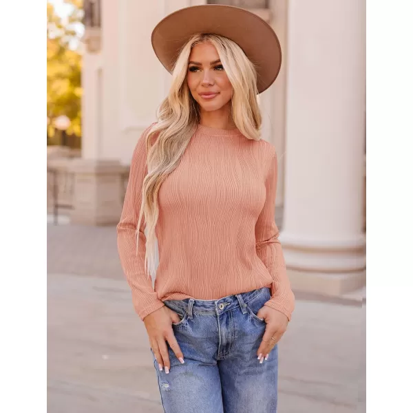 ZESICA Long Sleeve Shirts for Women Tops Fall Fashion 2024 Trendy Slim fit Textured TshirtsCoralred