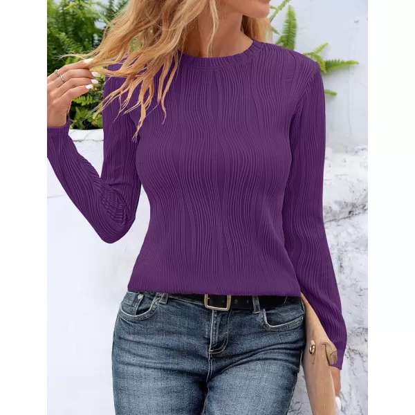 ZESICA Long Sleeve Shirts for Women Tops Fall Fashion 2024 Trendy Slim fit Textured TshirtsDarkpurple