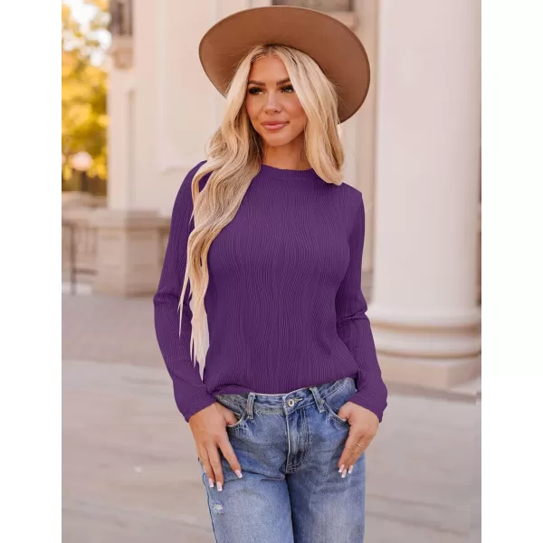 ZESICA Long Sleeve Shirts for Women Tops Fall Fashion 2024 Trendy Slim fit Textured TshirtsDarkpurple