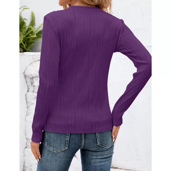 ZESICA Long Sleeve Shirts for Women Tops Fall Fashion 2024 Trendy Slim fit Textured TshirtsDarkpurple