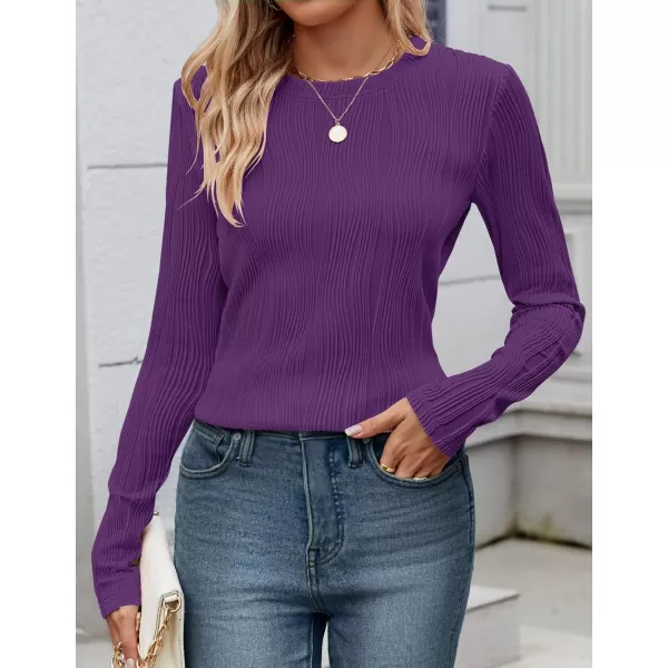 ZESICA Long Sleeve Shirts for Women Tops Fall Fashion 2024 Trendy Slim fit Textured TshirtsDarkpurple