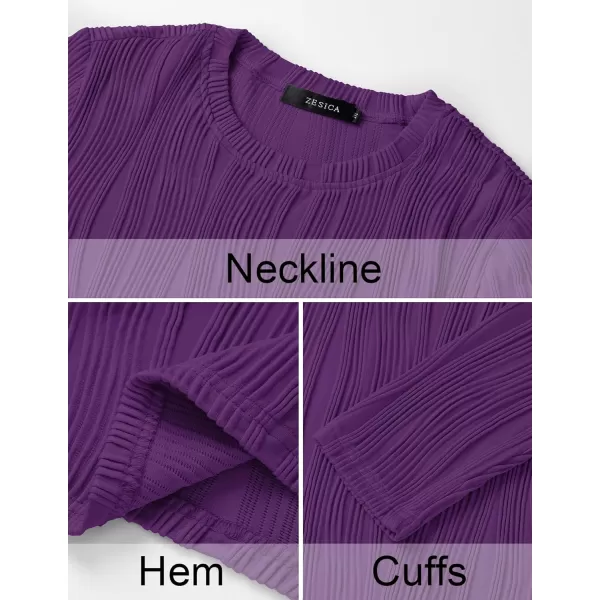 ZESICA Long Sleeve Shirts for Women Tops Fall Fashion 2024 Trendy Slim fit Textured TshirtsDarkpurple