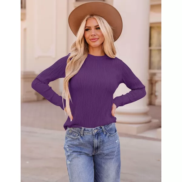 ZESICA Long Sleeve Shirts for Women Tops Fall Fashion 2024 Trendy Slim fit Textured TshirtsDarkpurple