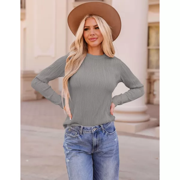 ZESICA Long Sleeve Shirts for Women Tops Fall Fashion 2024 Trendy Slim fit Textured TshirtsGray