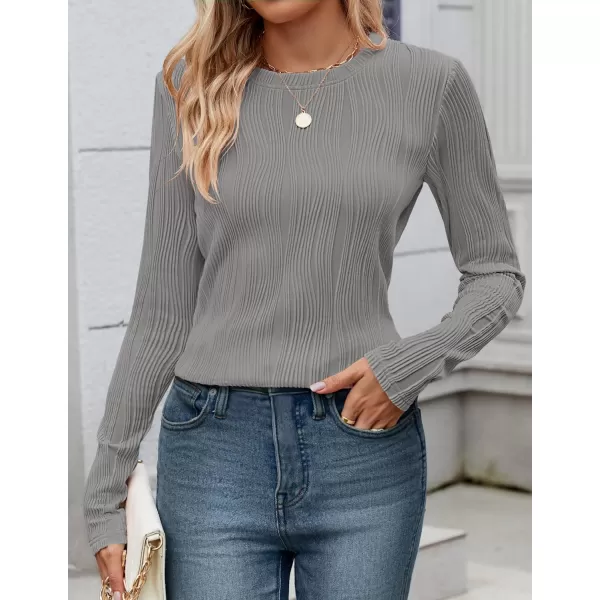ZESICA Long Sleeve Shirts for Women Tops Fall Fashion 2024 Trendy Slim fit Textured TshirtsGray