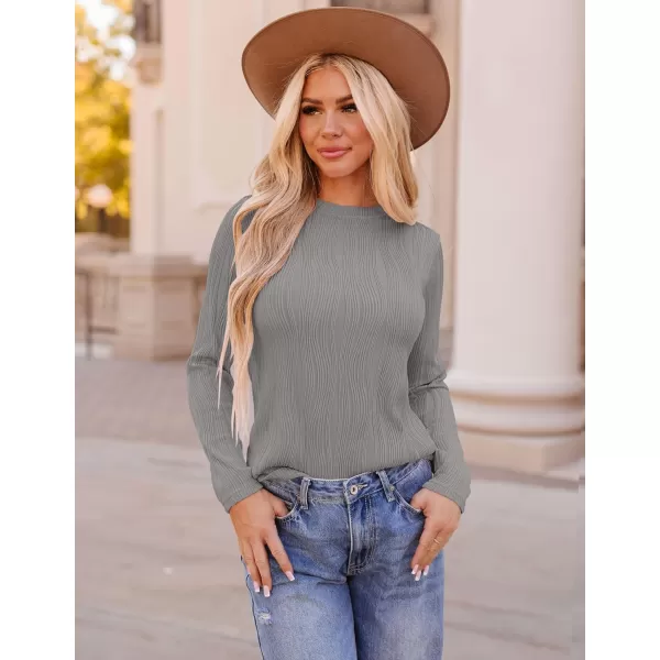 ZESICA Long Sleeve Shirts for Women Tops Fall Fashion 2024 Trendy Slim fit Textured TshirtsGray