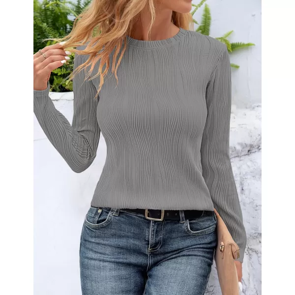 ZESICA Long Sleeve Shirts for Women Tops Fall Fashion 2024 Trendy Slim fit Textured TshirtsGray