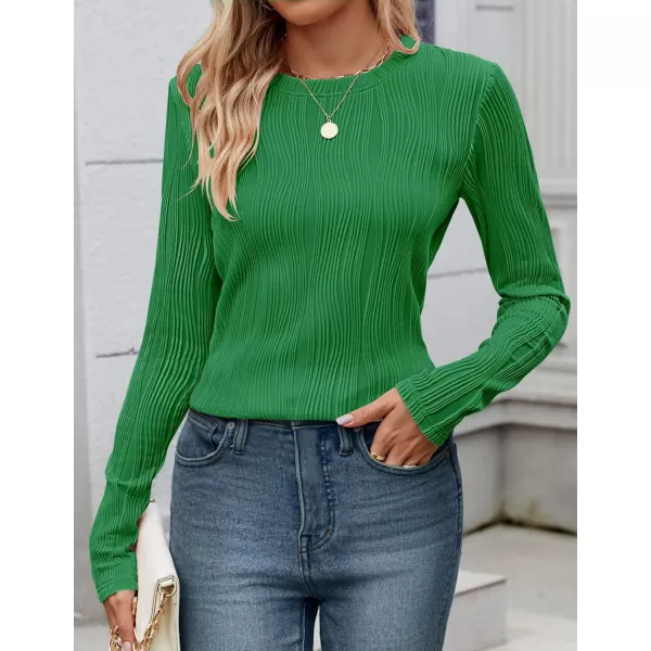 ZESICA Long Sleeve Shirts for Women Tops Fall Fashion 2024 Trendy Slim fit Textured TshirtsGreen