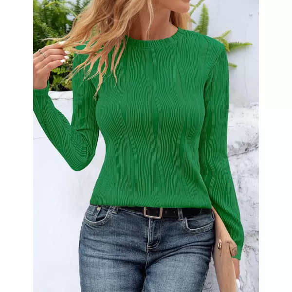ZESICA Long Sleeve Shirts for Women Tops Fall Fashion 2024 Trendy Slim fit Textured TshirtsGreen
