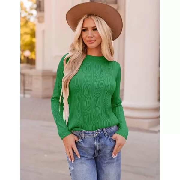 ZESICA Long Sleeve Shirts for Women Tops Fall Fashion 2024 Trendy Slim fit Textured TshirtsGreen