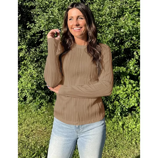 ZESICA Long Sleeve Shirts for Women Tops Fall Fashion 2024 Trendy Slim fit Textured TshirtsKhaki