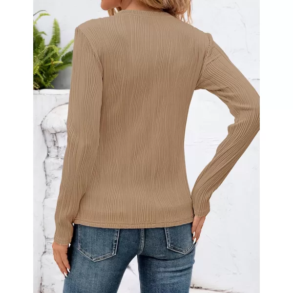 ZESICA Long Sleeve Shirts for Women Tops Fall Fashion 2024 Trendy Slim fit Textured TshirtsKhaki