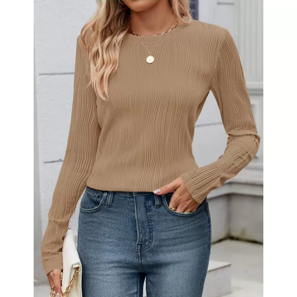 ZESICA Long Sleeve Shirts for Women Tops Fall Fashion 2024 Trendy Slim fit Textured TshirtsKhaki