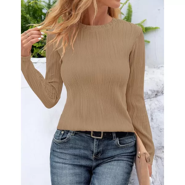 ZESICA Long Sleeve Shirts for Women Tops Fall Fashion 2024 Trendy Slim fit Textured TshirtsKhaki
