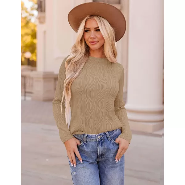 ZESICA Long Sleeve Shirts for Women Tops Fall Fashion 2024 Trendy Slim fit Textured TshirtsKhaki