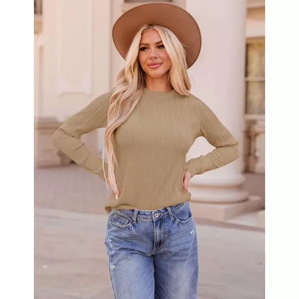ZESICA Long Sleeve Shirts for Women Tops Fall Fashion 2024 Trendy Slim fit Textured TshirtsKhaki
