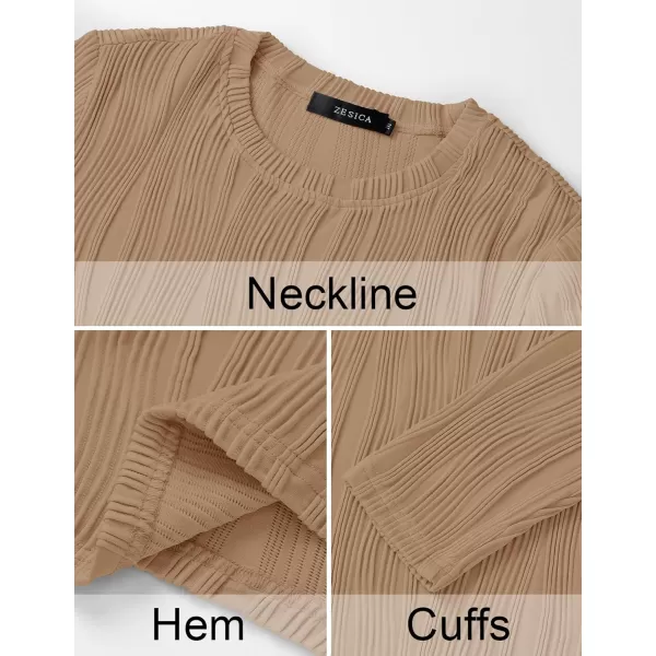 ZESICA Long Sleeve Shirts for Women Tops Fall Fashion 2024 Trendy Slim fit Textured TshirtsKhaki