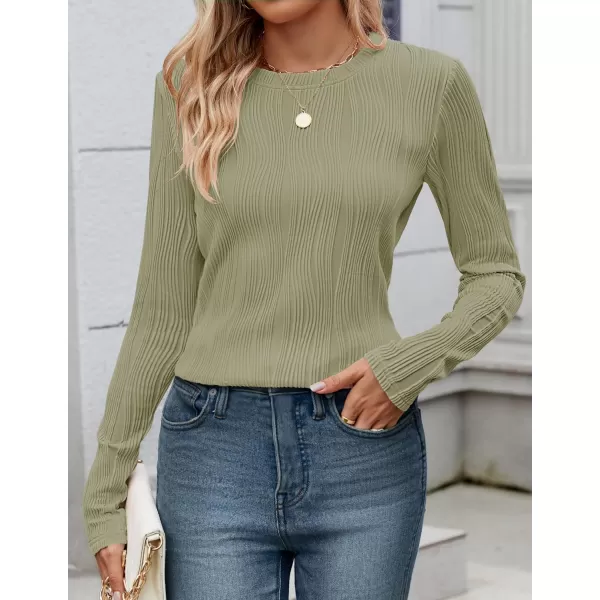 ZESICA Long Sleeve Shirts for Women Tops Fall Fashion 2024 Trendy Slim fit Textured TshirtsLightgreen