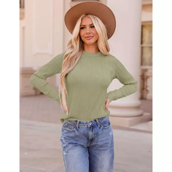 ZESICA Long Sleeve Shirts for Women Tops Fall Fashion 2024 Trendy Slim fit Textured TshirtsLightgreen