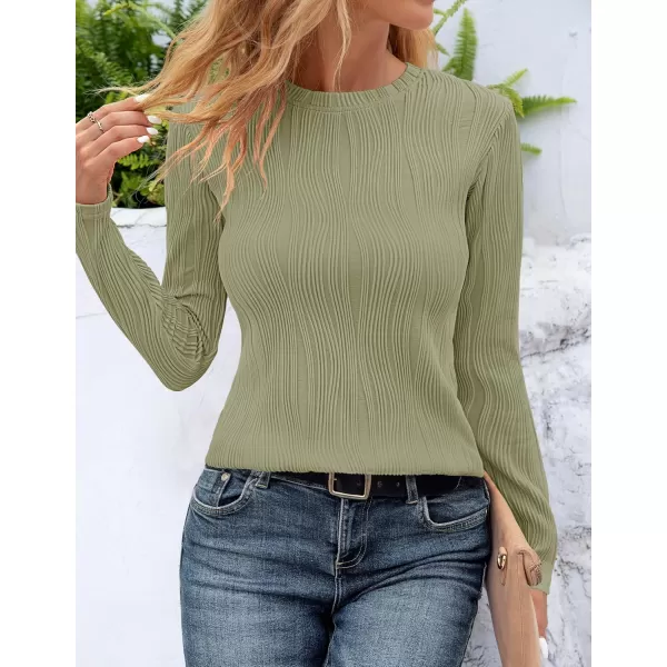 ZESICA Long Sleeve Shirts for Women Tops Fall Fashion 2024 Trendy Slim fit Textured TshirtsLightgreen