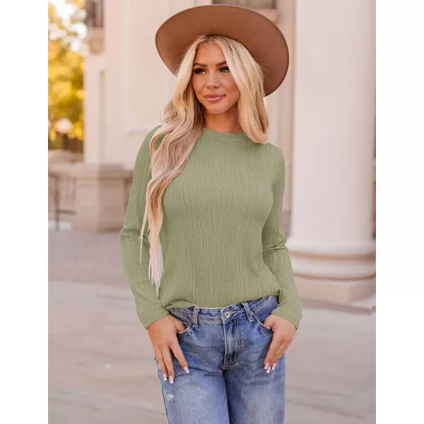ZESICA Long Sleeve Shirts for Women Tops Fall Fashion 2024 Trendy Slim fit Textured TshirtsLightgreen