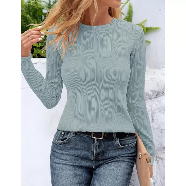 ZESICA Long Sleeve Shirts for Women Tops Fall Fashion 2024 Trendy Slim fit Textured TshirtsMistblue
