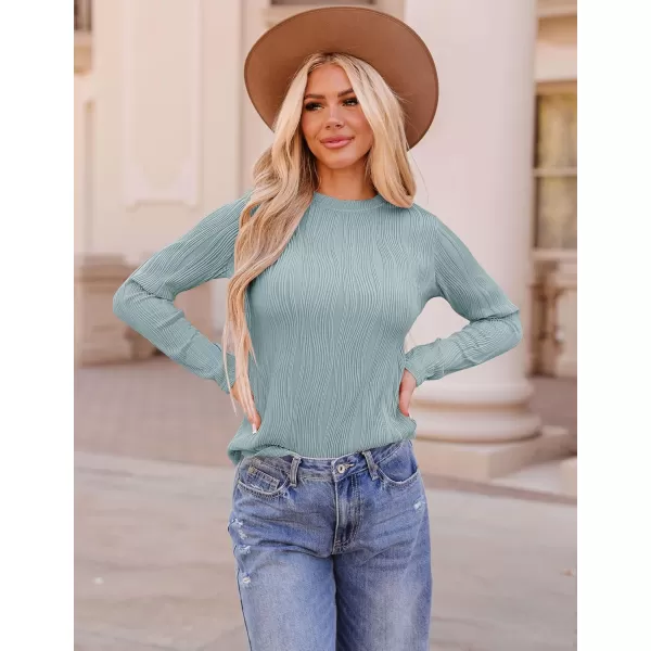 ZESICA Long Sleeve Shirts for Women Tops Fall Fashion 2024 Trendy Slim fit Textured TshirtsMistblue
